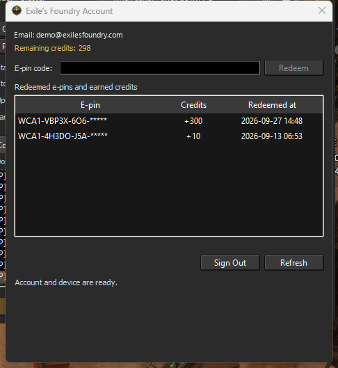 Exile's Foundry account and E-pin screen