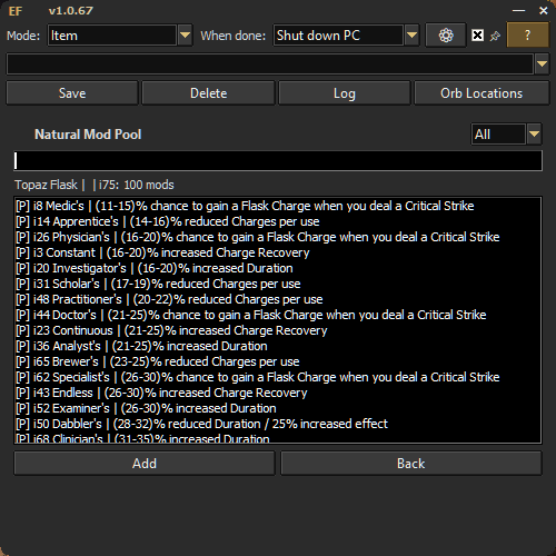 Item modifier selection screen